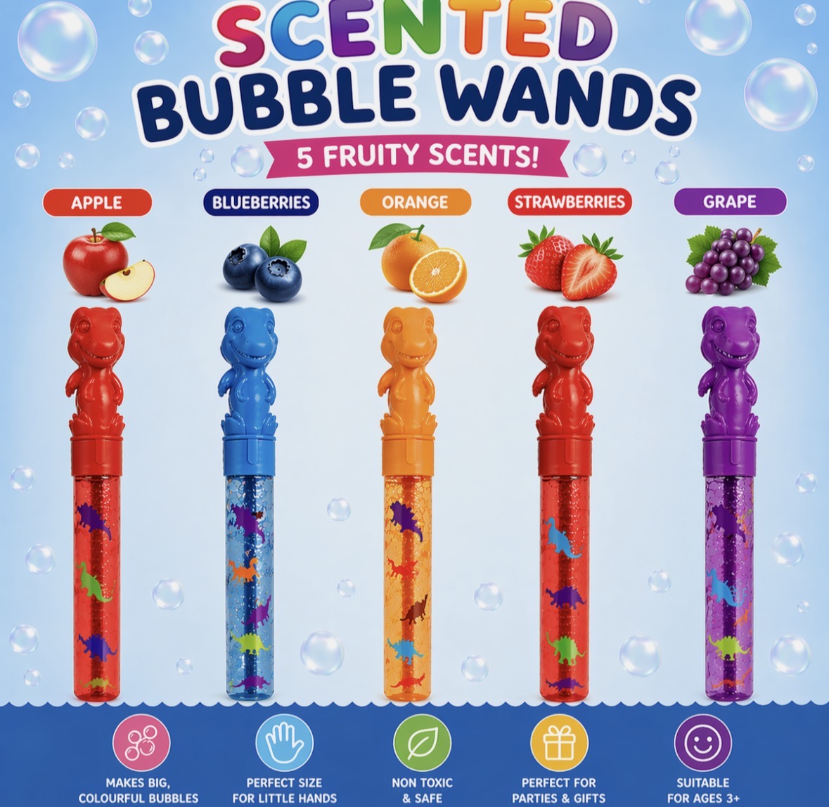 5 x Dinosaur Bubble Wands Swords 35cm Fruit Scent