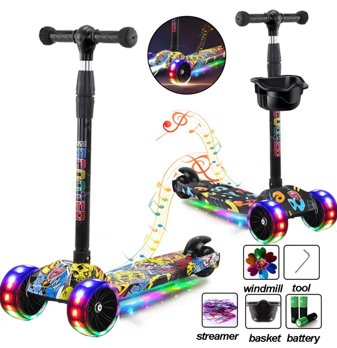 Kick Flashing LED Light Up 3 Wheel Push Adjustable Folding