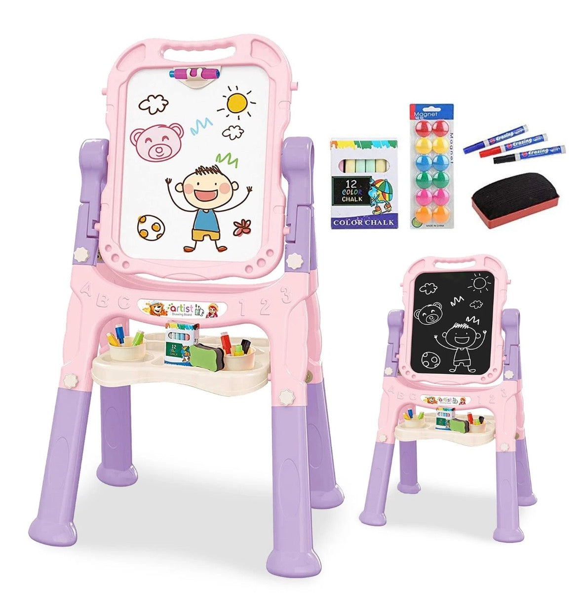 Kids Folding Double Sided Magnetic Drawing Board Easel Colour Chalk Eraser Pink