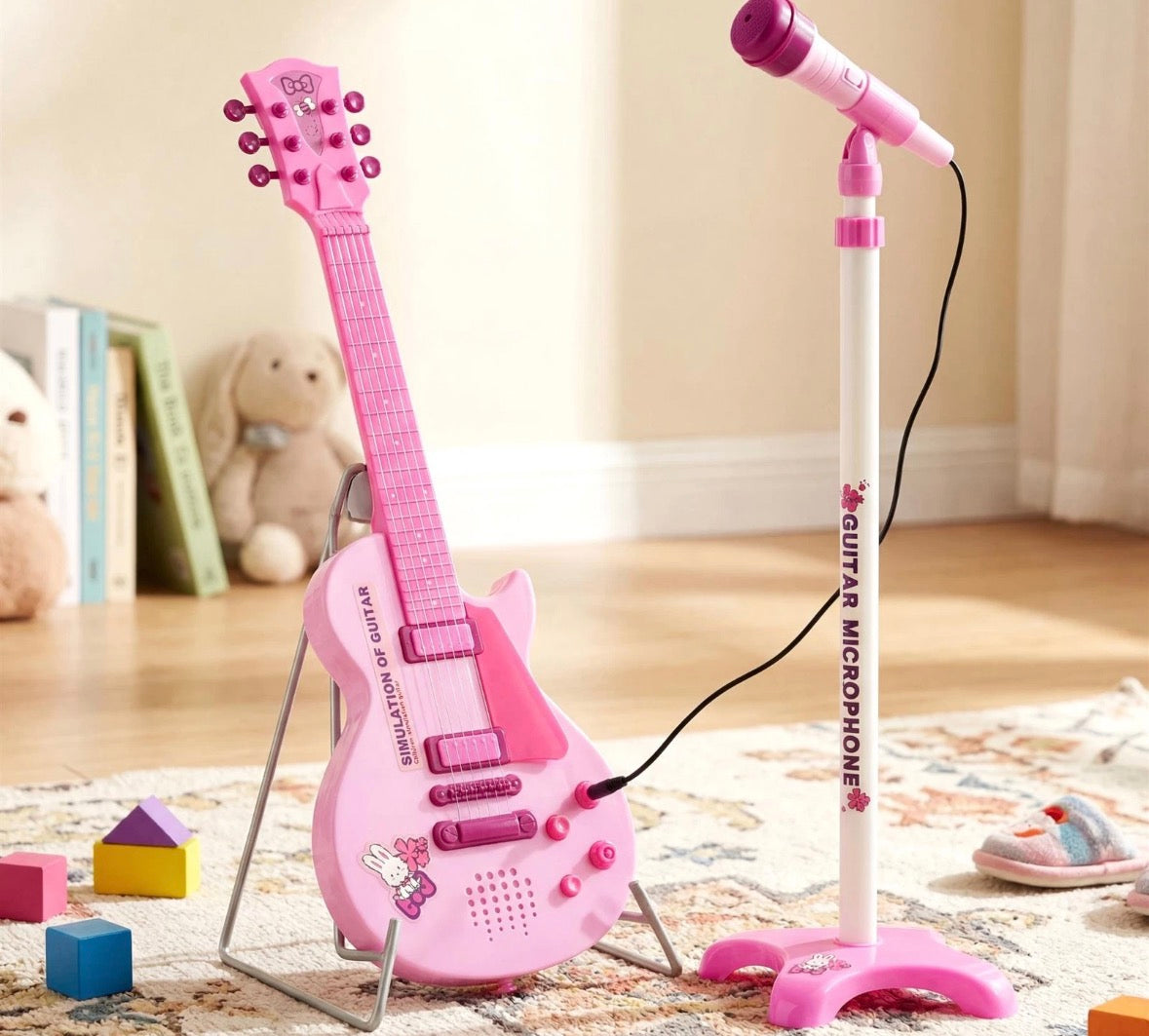 Guitar and Microphone Toy Set Musical Instruments Adjustable Stand Pink