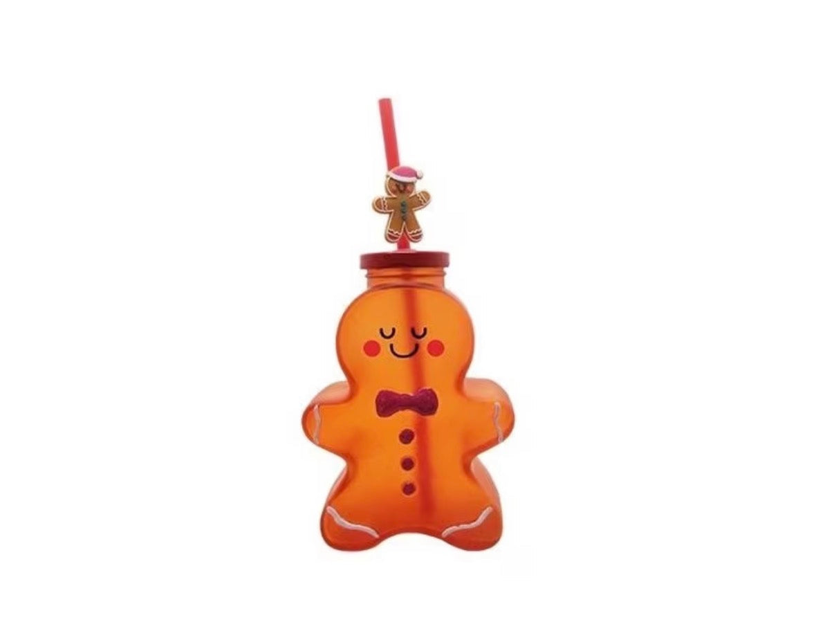 Gingerbread man glass cup with straw