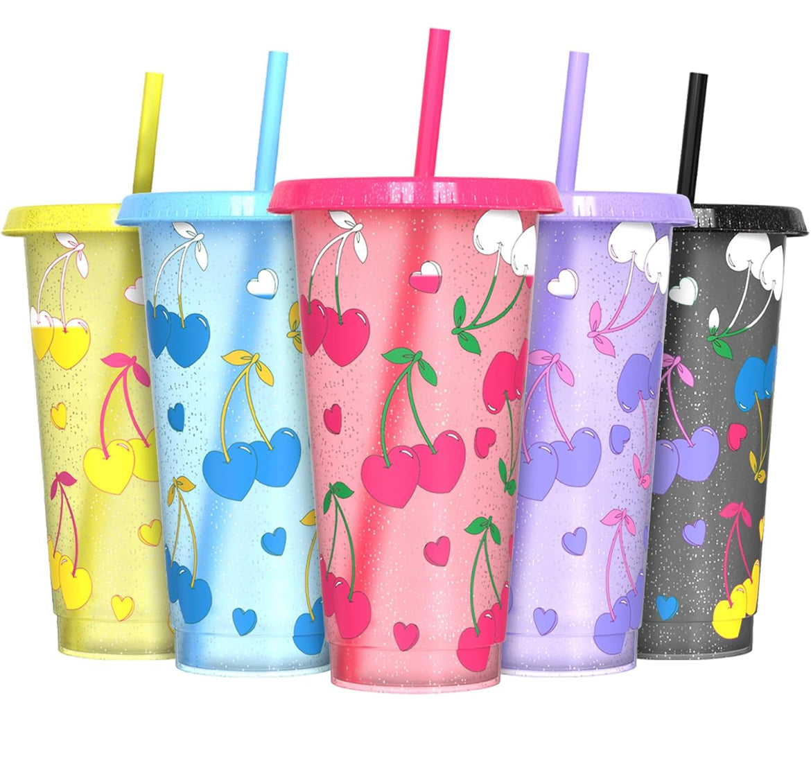 5pk Color Changing Cups, Plastic Cups with Lids and Straws